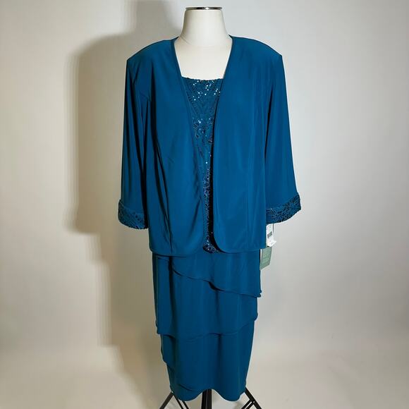 NWT Maya Brooke Teal Tiered Sequin 2 Piece Jacket Dress Set Womens Plus Size 18W - Picture 1 of 12